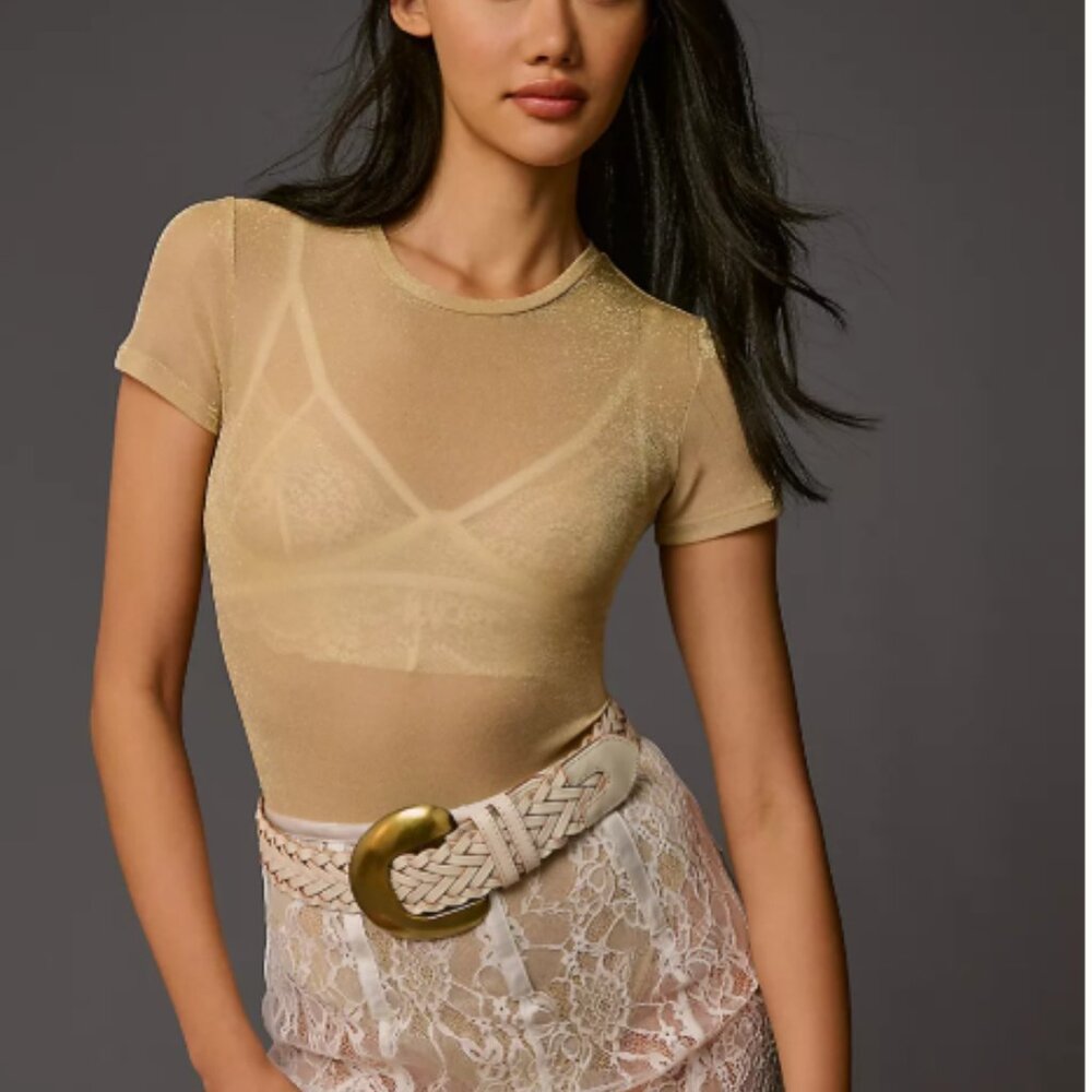Anthropologie Second Skin by RD Styles Natural Gold Shimmer Sheer bodysuit Top